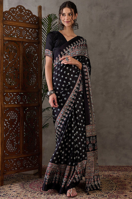 Bucolic Black Ajrakh Printed Semi Modal Silk Saree With Enticing Blouse Piece