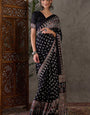 Bucolic Black Ajrakh Printed Semi Modal Silk Saree With Enticing Blouse Piece