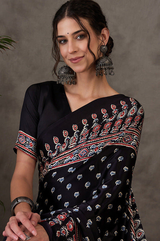 Bucolic Black Ajrakh Printed Semi Modal Silk Saree With Enticing Blouse Piece
