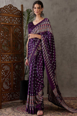 Marvellous Purple Ajrakh Printed Semi Modal Silk Saree With Wonderful Blouse Piece
