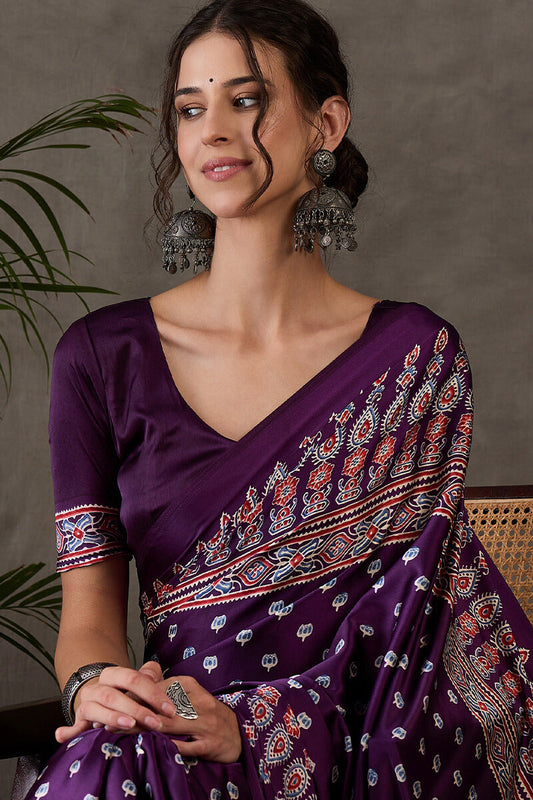 Marvellous Purple Ajrakh Printed Semi Modal Silk Saree With Wonderful Blouse Piece