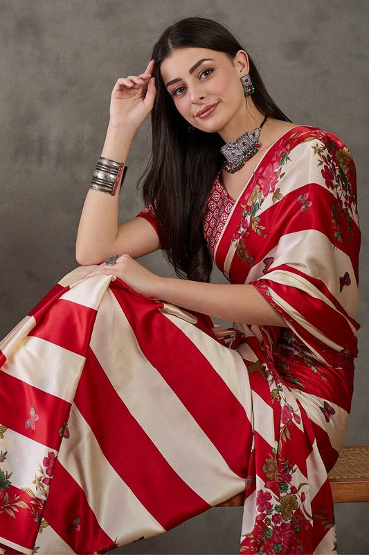 Unique Red Ajrakh Printed Semi Modal Silk Saree With Exemplary Blouse Piece