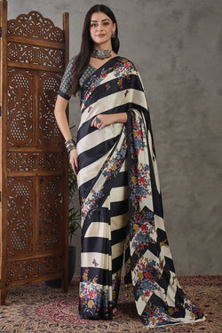 Lovely Black Ajrakh Printed Semi Modal Silk Saree With Ephemeral Blouse Piece