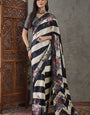 Lovely Black Ajrakh Printed Semi Modal Silk Saree With Ephemeral Blouse Piece