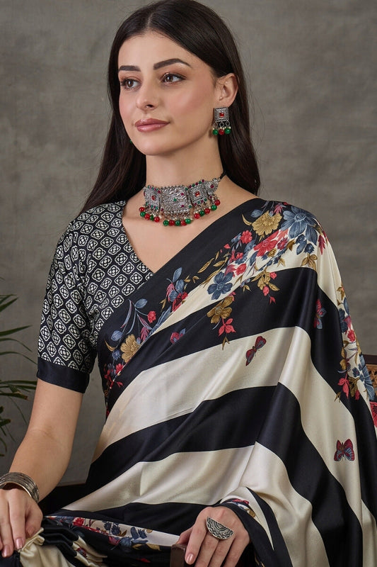 Lovely Black Ajrakh Printed Semi Modal Silk Saree With Ephemeral Blouse Piece
