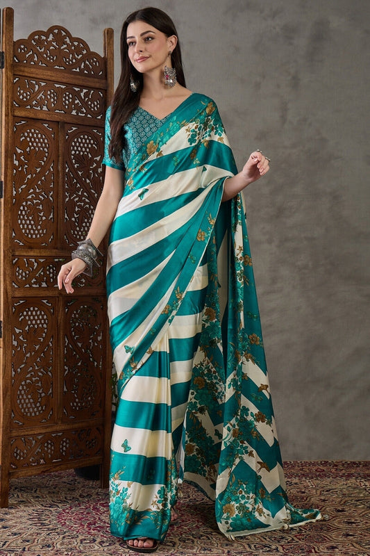 Fantabulous Rama Ajrakh Printed Semi Modal Silk Saree With Allure Blouse Piece