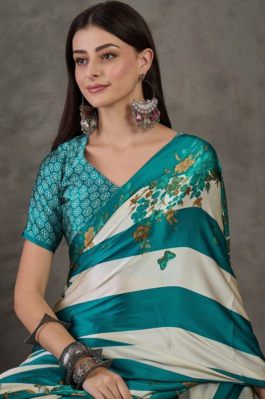 Fantabulous Rama Ajrakh Printed Semi Modal Silk Saree With Allure Blouse Piece
