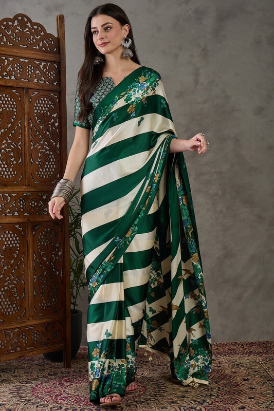 Charming Dark Green Ajrakh Printed Semi Modal Silk Saree With Elegant Blouse Piece