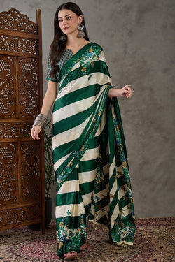 Charming Dark Green Ajrakh Printed Semi Modal Silk Saree With Elegant Blouse Piece