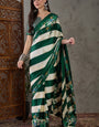 Charming Dark Green Ajrakh Printed Semi Modal Silk Saree With Elegant Blouse Piece