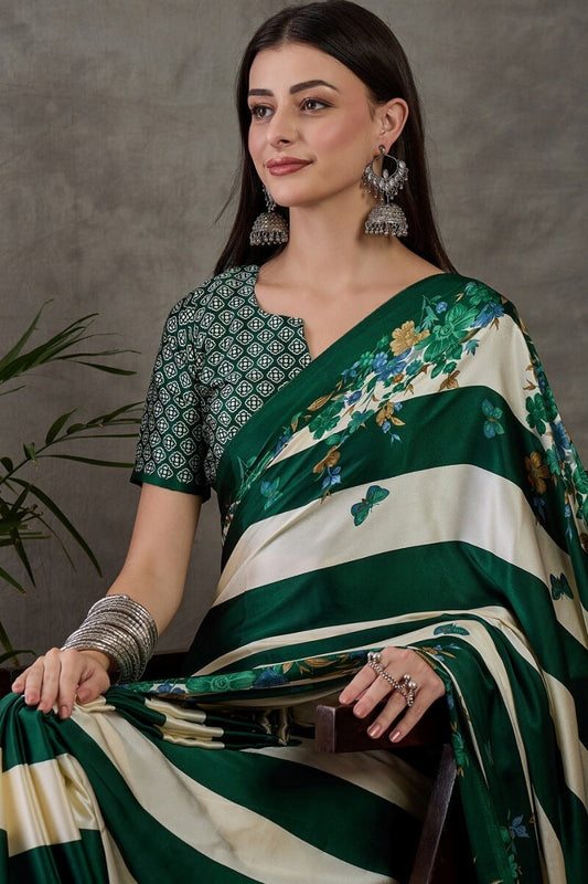 Charming Dark Green Ajrakh Printed Semi Modal Silk Saree With Elegant Blouse Piece