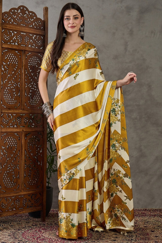 Super extravagant Mustard Ajrakh Printed Semi Modal Silk Saree With Lagniappe Blouse Piece