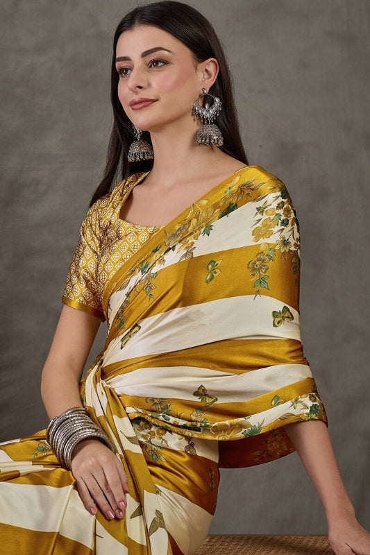 Super extravagant Mustard Ajrakh Printed Semi Modal Silk Saree With Lagniappe Blouse Piece