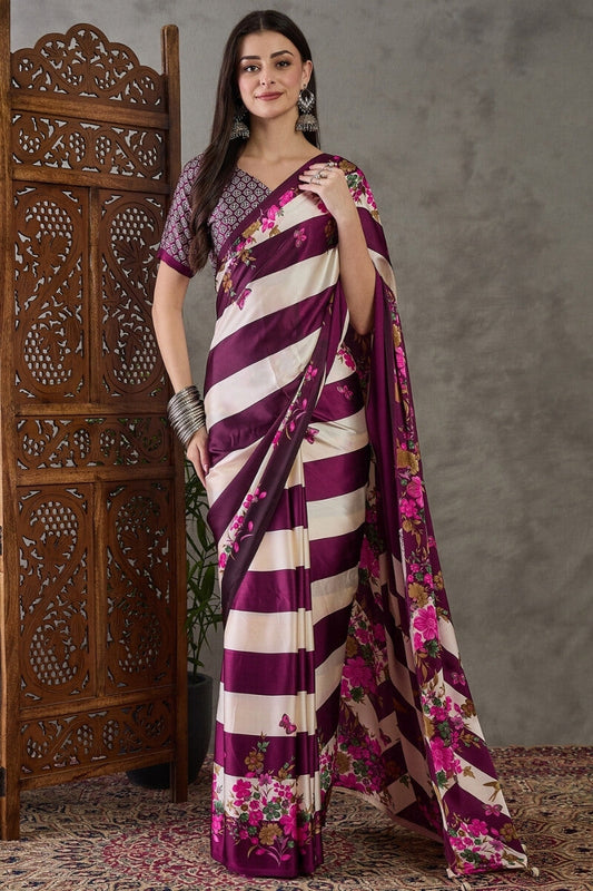Amiable Purple Ajrakh Printed Semi Modal Silk Saree With Serendipity Blouse Piece