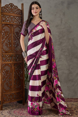 Amiable Purple Ajrakh Printed Semi Modal Silk Saree With Serendipity Blouse Piece