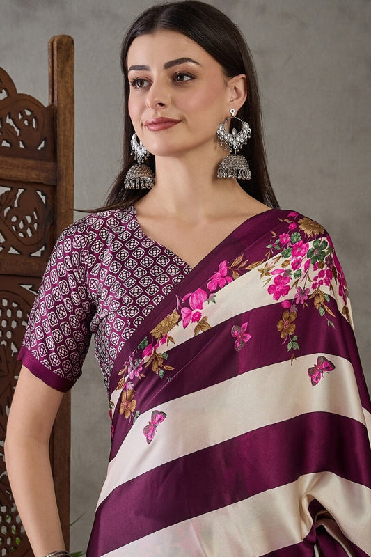 Amiable Purple Ajrakh Printed Semi Modal Silk Saree With Serendipity Blouse Piece
