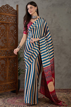 Snappy Navy Blue Ajrakh Printed Semi Modal Silk Saree With Bewitching Blouse Piece