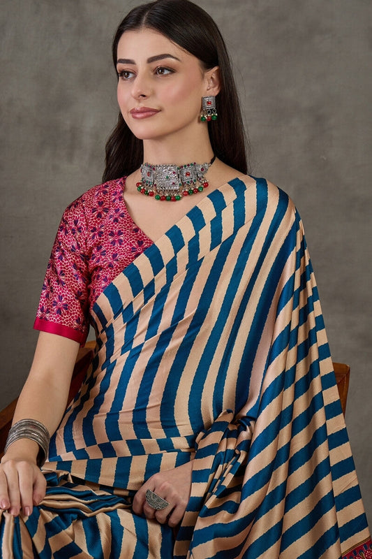 Snappy Navy Blue Ajrakh Printed Semi Modal Silk Saree With Bewitching Blouse Piece
