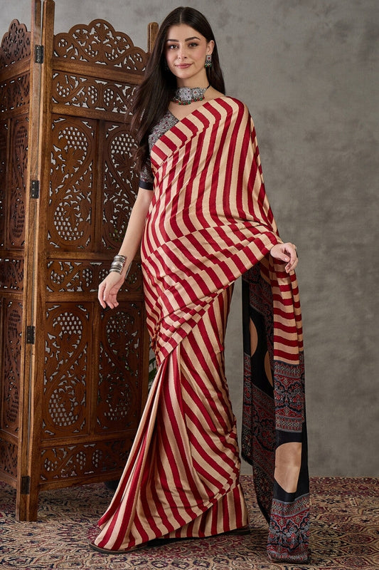 Entrancing Red Ajrakh Printed Semi Modal Silk Saree With Desuetude Blouse Piece