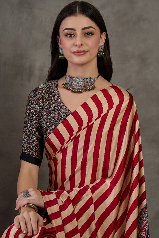 Entrancing Red Ajrakh Printed Semi Modal Silk Saree With Desuetude Blouse Piece