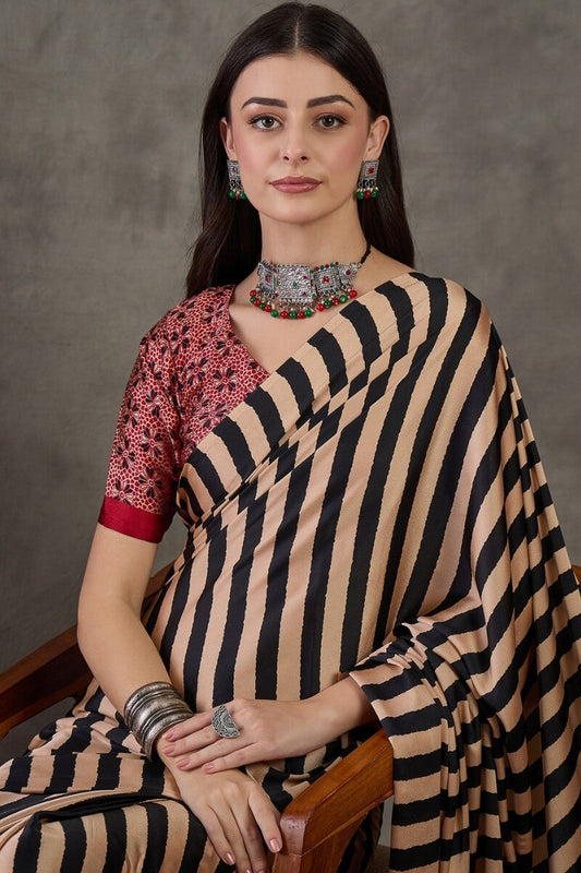 Resonant Black Ajrakh Printed Semi Modal Silk Saree With Vibrant Blouse Piece