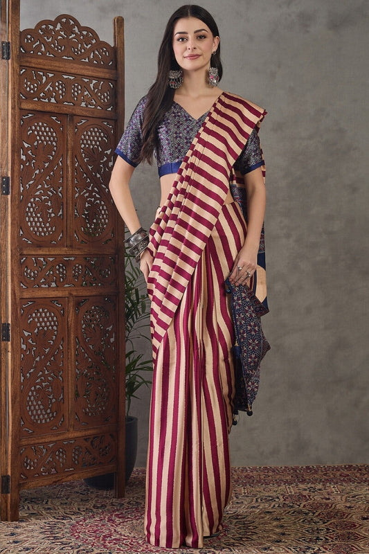 Radiant Maroon Ajrakh Printed Semi Modal Silk Saree With Lissome Blouse Piece