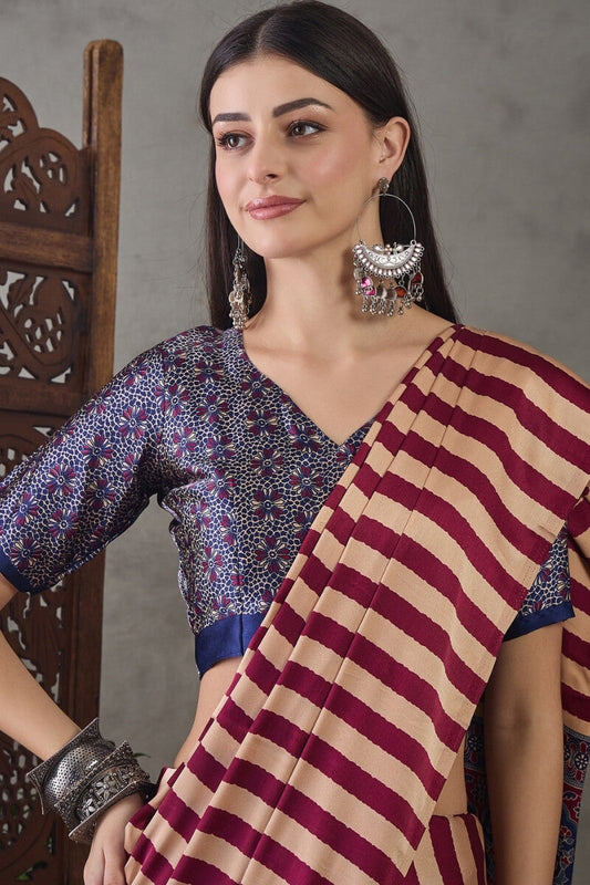 Radiant Maroon Ajrakh Printed Semi Modal Silk Saree With Lissome Blouse Piece