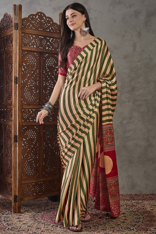 Charismatic Green Ajrakh Printed Semi Modal Silk Saree With Surreptitious Blouse Piece
