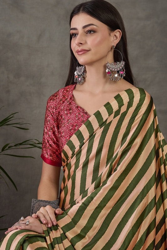 Charismatic Green Ajrakh Printed Semi Modal Silk Saree With Surreptitious Blouse Piece