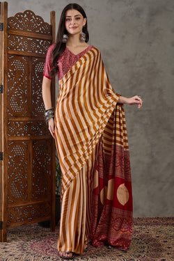 Stunning Mustard Ajrakh Printed Semi Modal Silk Saree With Enamoring Blouse Piece