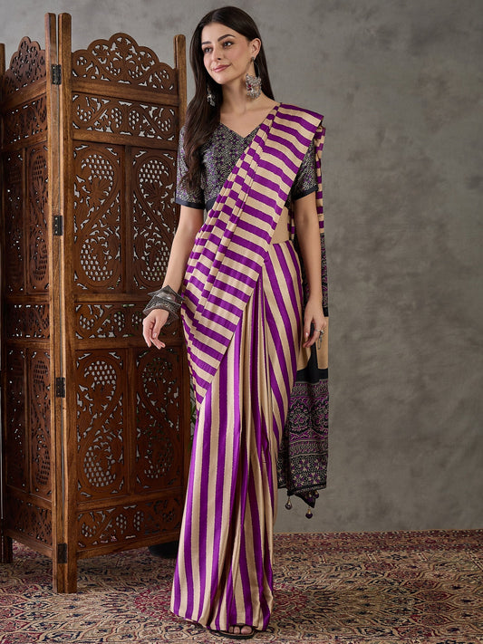 Demesne Purple Ajrakh Printed Semi Modal Silk Saree With Super extravagant Blouse Piece