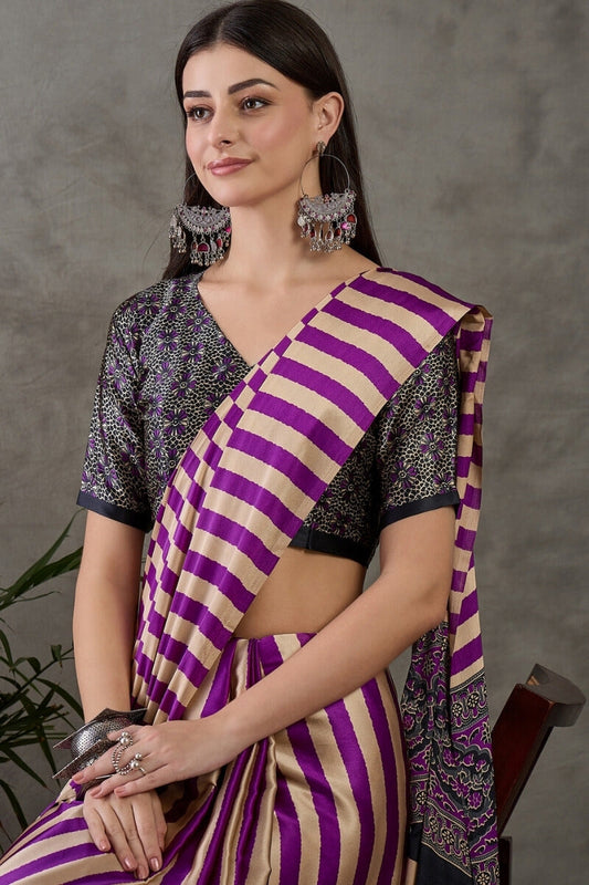 Demesne Purple Ajrakh Printed Semi Modal Silk Saree With Super extravagant Blouse Piece
