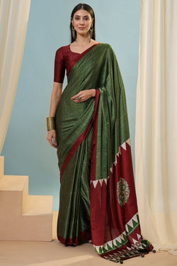 Designer Dark Green Ajrakh Printed Semi Modal Silk Saree With Scintillating Blouse Piece