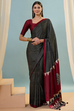 Jazzy Black Ajrakh Printed Semi Modal Silk Saree With Most Flattering Blouse Piece