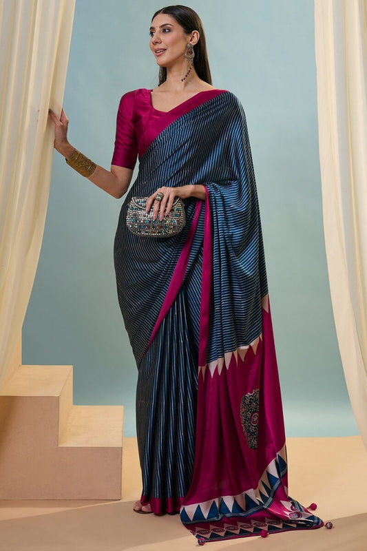 Sensational Navy Blue Ajrakh Printed Semi Modal Silk Saree With Zephyr Blouse Piece