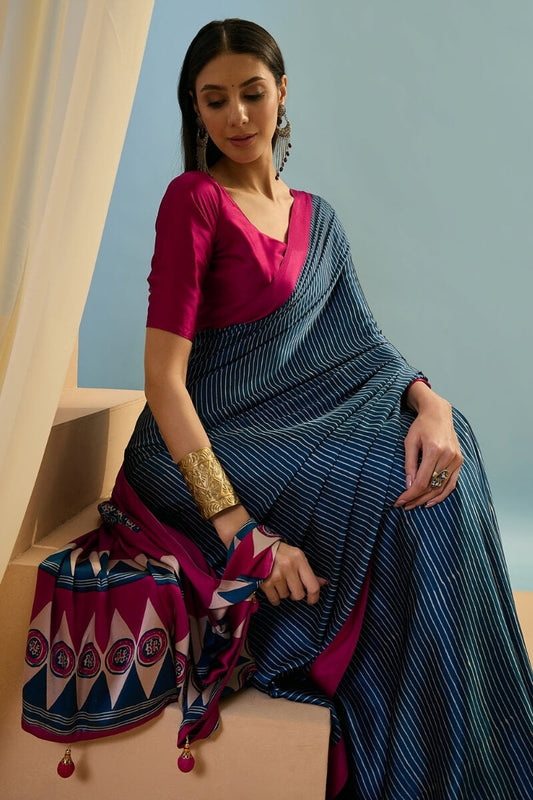 Sensational Navy Blue Ajrakh Printed Semi Modal Silk Saree With Zephyr Blouse Piece