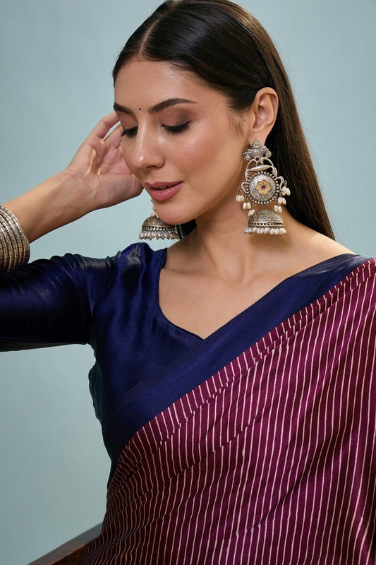 Comely Wine Ajrakh Printed Semi Modal Silk Saree With Seraphic Blouse Piece