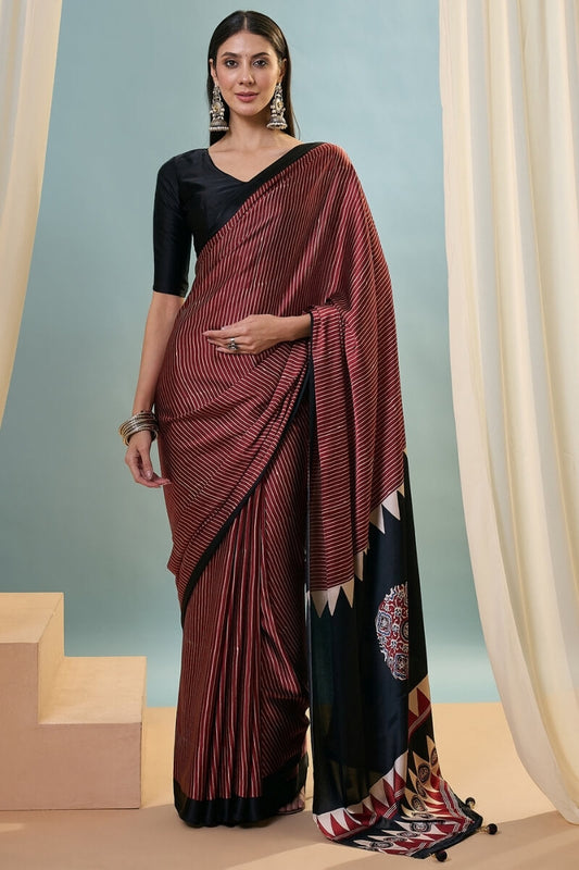 Fragrant Maroon Ajrakh Printed Semi Modal Silk Saree With Palimpsest Blouse Piece