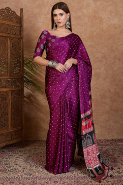 Nectarous Purple Ajrakh Printed Semi Modal Silk Saree With Captivating Blouse Piece
