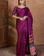 Nectarous Purple Ajrakh Printed Semi Modal Silk Saree With Captivating Blouse Piece