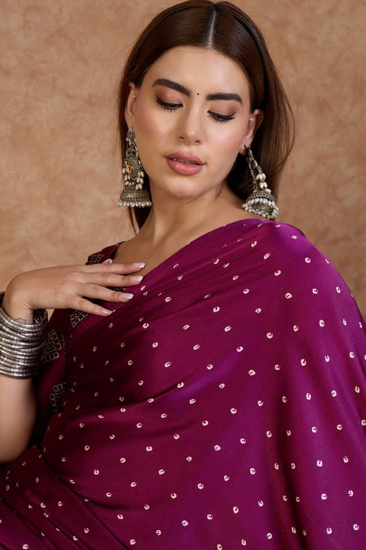 Nectarous Purple Ajrakh Printed Semi Modal Silk Saree With Captivating Blouse Piece