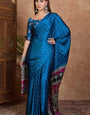Gossamer Blue Ajrakh Printed Semi Modal Silk Saree With Girlish Blouse Piece