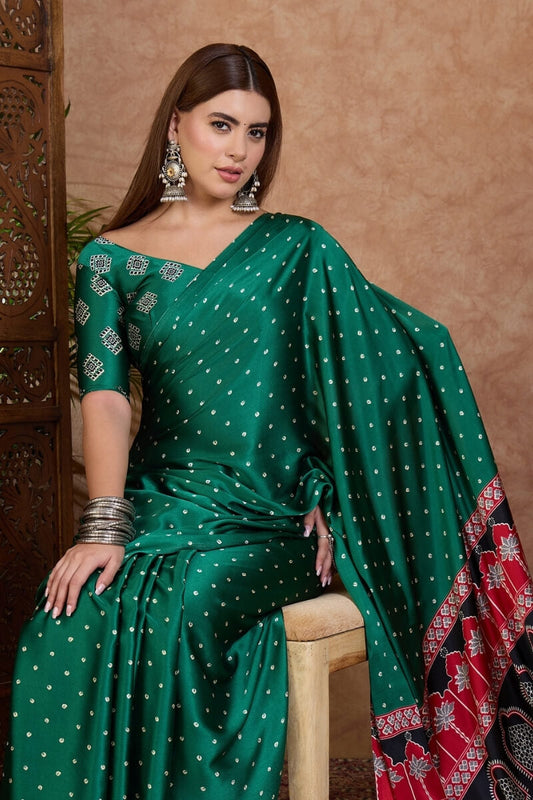 Enigmatic Dark Green Ajrakh Printed Semi Modal Silk Saree With Adoring Blouse Piece