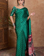 Enigmatic Dark Green Ajrakh Printed Semi Modal Silk Saree With Adoring Blouse Piece