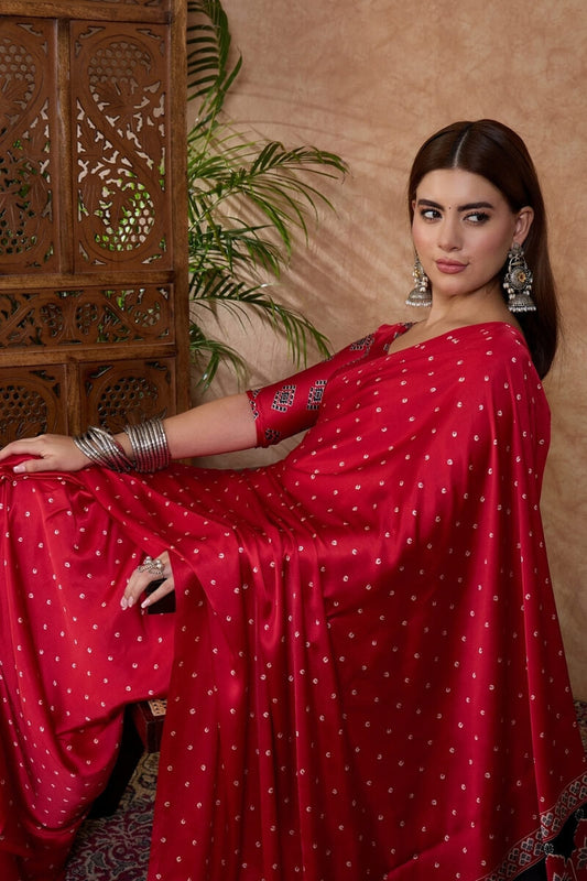 Smart Red Ajrakh Printed Semi Modal Silk Saree With Effulgent Blouse Piece