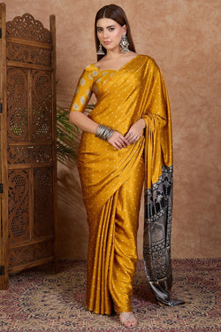 Hypnotic Mustard Ajrakh Printed Semi Modal Silk Saree With Scrupulous Blouse Piece