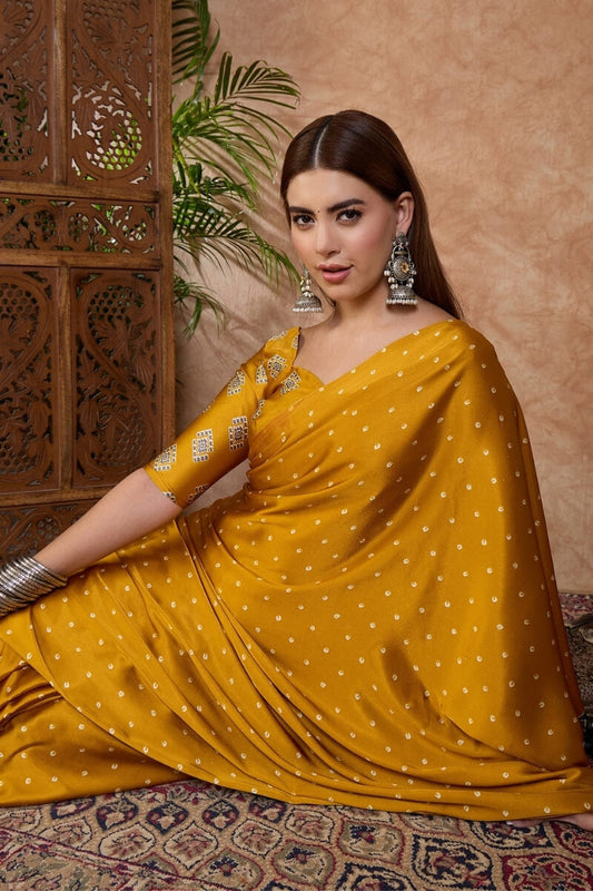 Hypnotic Mustard Ajrakh Printed Semi Modal Silk Saree With Scrupulous Blouse Piece