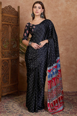 Adorning Black Ajrakh Printed Semi Modal Silk Saree With Rhapsody Blouse Piece