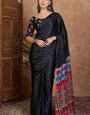 Adorning Black Ajrakh Printed Semi Modal Silk Saree With Rhapsody Blouse Piece