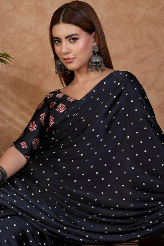Adorning Black Ajrakh Printed Semi Modal Silk Saree With Rhapsody Blouse Piece